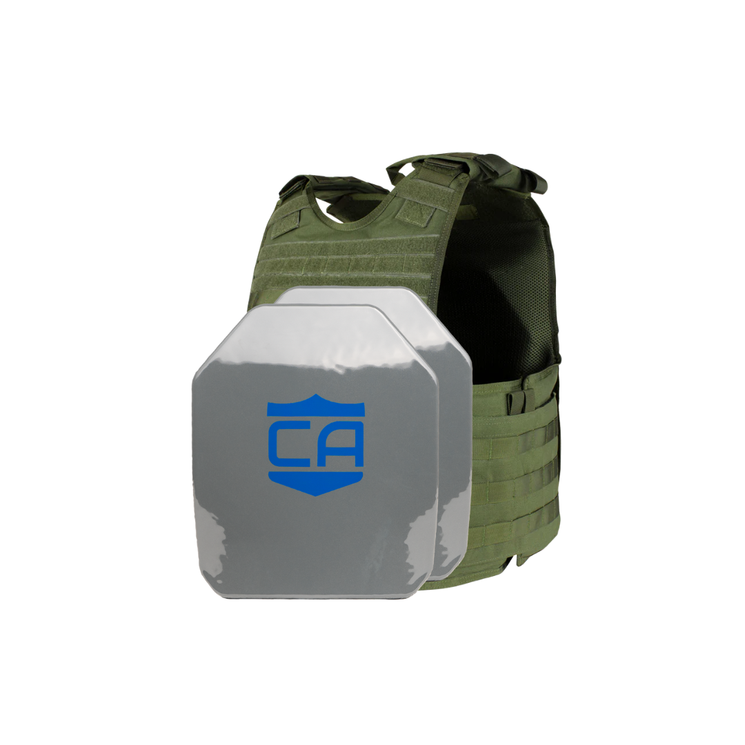 The Condor EXO & AR550 Level III+ Body Armor Package by Caliber Armor includes a green tactical vest with soft armor and a gray ballistic plate, featuring a blue shield and CA logo on the front.