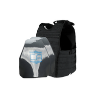 Thumbnail for The Condor EXO & AR550 Level III+ Body Armor Package by Caliber Armor is shown with two metallic plates featuring a blue shield logo and 