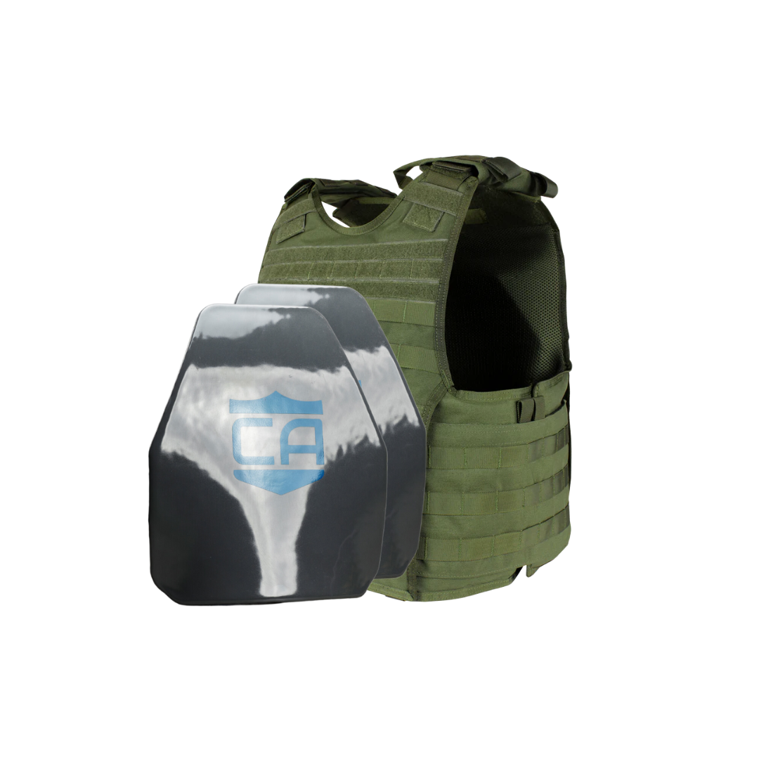 The Caliber Armor Condor EXO & AR550 Level III+ Body Armor Package is shown on a white background, featuring an olive green tactical vest with a black ballistic plate displaying a blue shield logo—ideal for use with soft or hard armor plates.