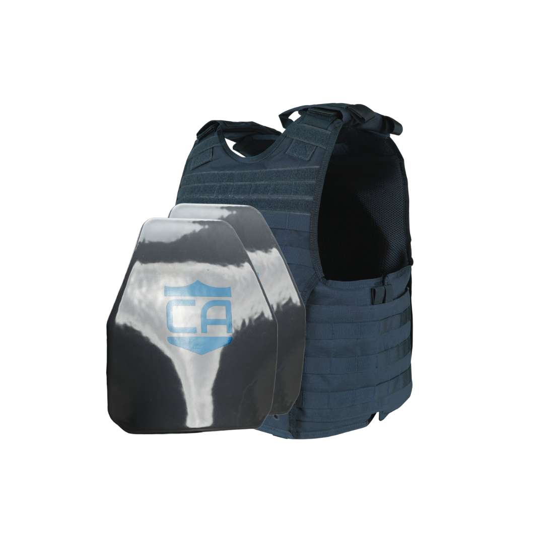 The Condor EXO & AR550 Level III+ Body Armor Package by Caliber Armor is shown on a white background, featuring a dark tactical carrier and a shield-shaped ballistic plate marked "CA.