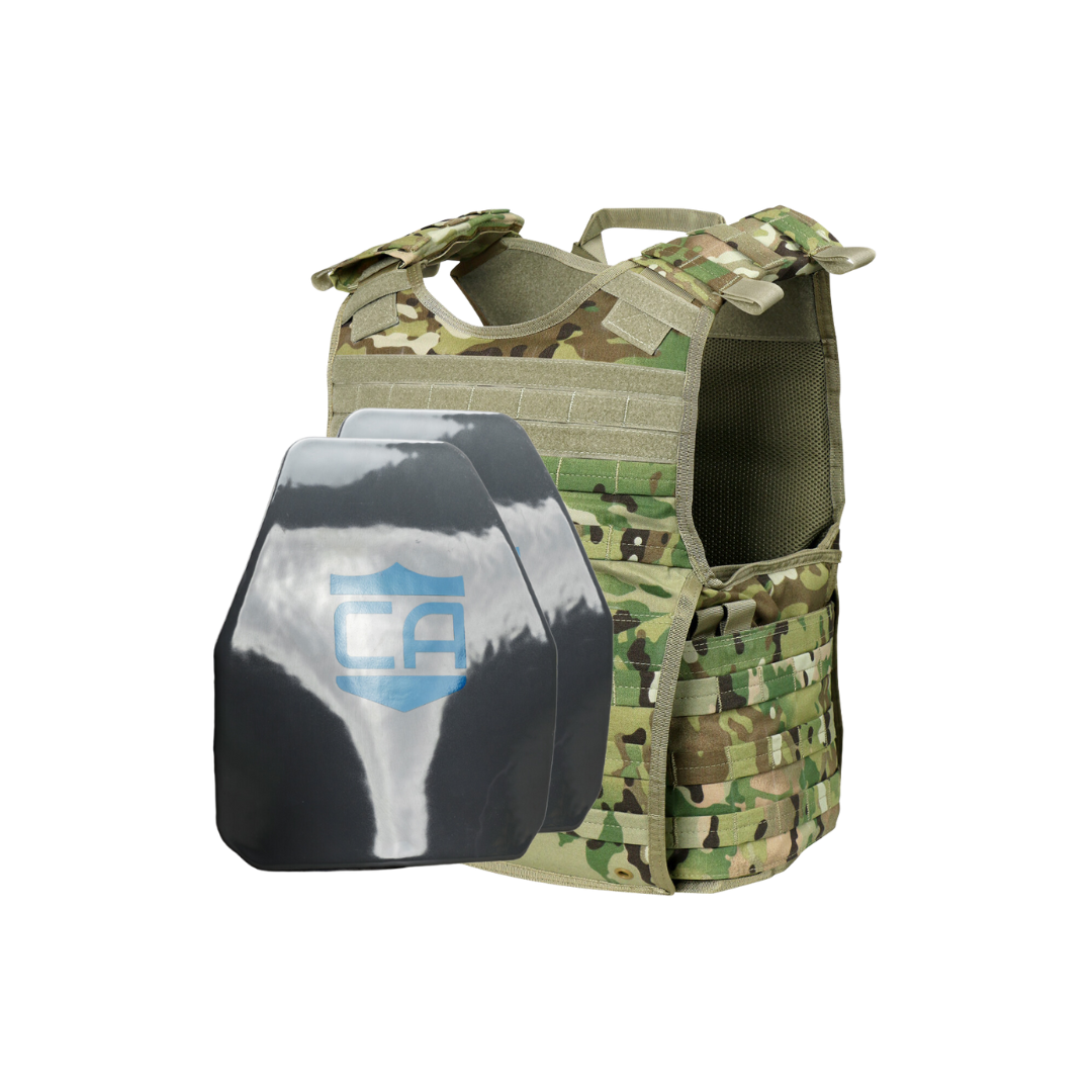 The Condor EXO & AR550 Level III+ Body Armor Package by Caliber Armor features a camouflage tactical vest with a black body armor plate, displaying a blue logo, all shown against a white background.