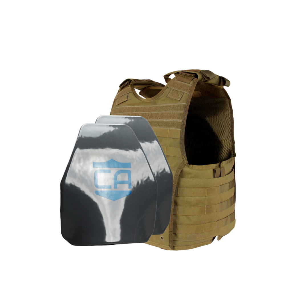 The Caliber Armor Condor EXO & AR550 Level III+ Body Armor Package includes a tan tactical vest with webbing and a metallic ballistic plate featuring a blue shield logo.