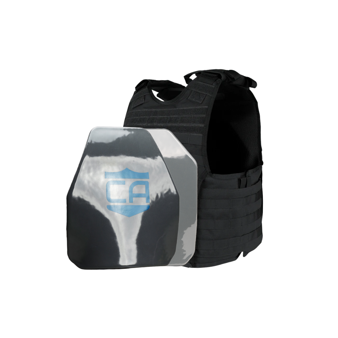 The Caliber Armor Condor EXO & AR550 Level III+ Body Armor Package is pictured on a white background, showing a black tactical vest with a ballistic plate—featuring a blue shield logo—partially inserted in the front pocket.