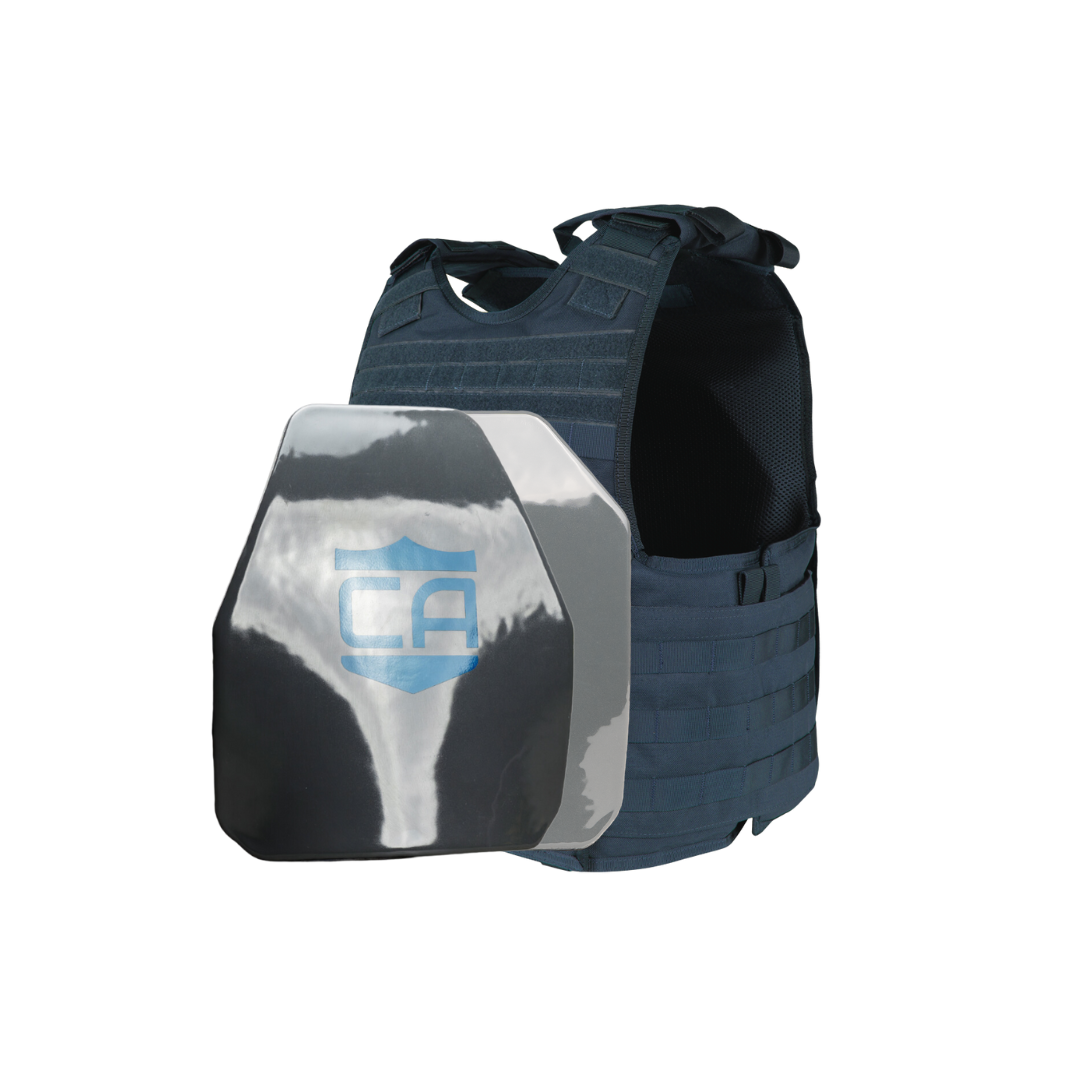 The Caliber Armor Condor EXO & AR550 Level III+ Body Armor Package features a black plate carrier with a blue shield logo and a hard ballistic plate, ideal for use with body armor plates or soft armor.
