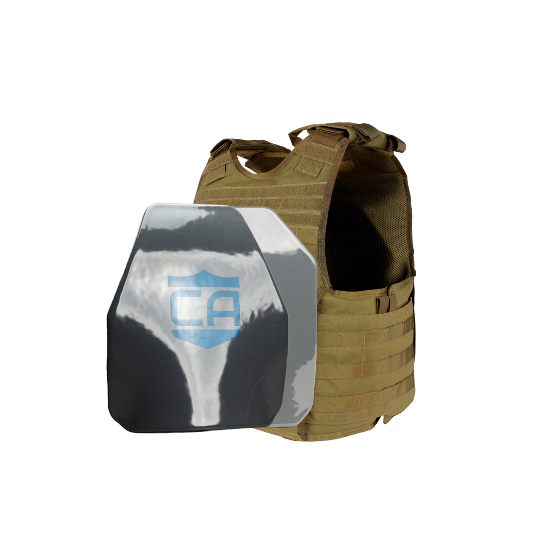 A tan Condor EXO Plate Carrier by Caliber Armor is shown with an AR550 Level III+ ballistic plate featuring a blue "CA" logo, showcasing advanced body armor plates designed for tactical use.