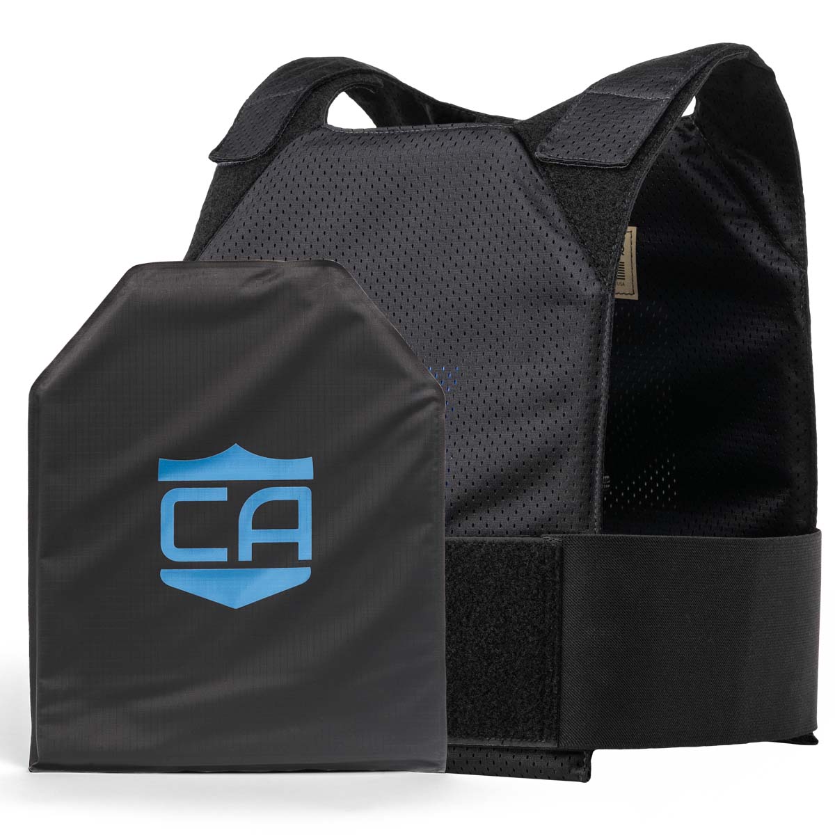The Caliber Armor CaliberX IIIA Gray Man Concealable Package includes a black bulletproof vest with adjustable straps and a ballistic plate with a blue shield "CA" logo, providing enhanced protection and reliable soft armor panels.