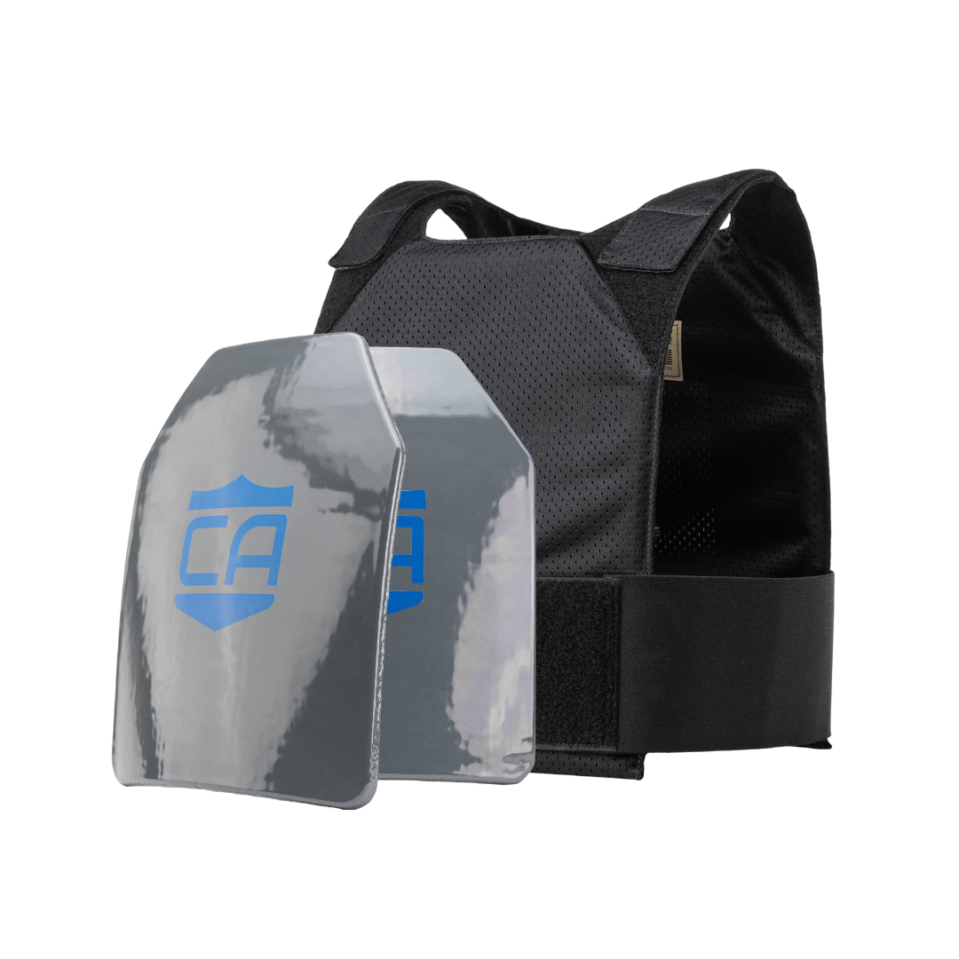 The Caliber Armor CaliberHX IIIA Hard Armor Gray Man Concealable Package includes a black tactical vest with two lightweight armor plates for enhanced front protection, each featuring a blue shield and "CA" logo.