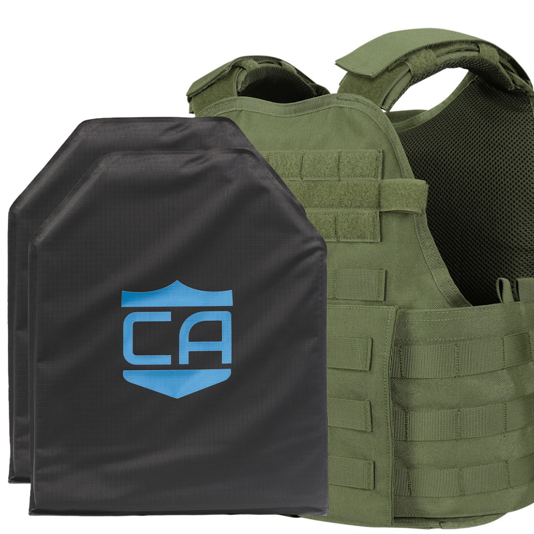 A Caliber Armor CaliberX IIIA/HG2 Active Response Package olive green vest is shown beside two black ballistic plates, one with a blue "CA" logo.