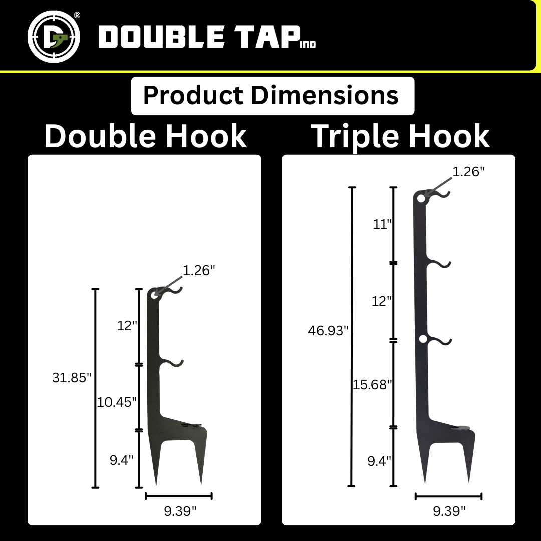 Side-by-side comparison of Double Tap Industries' Hook Spiked Ground Stand—durable target hanging hooks—showing double and triple hook styles with inch dimensions for each, designed for steel target stands or shooting target holders.