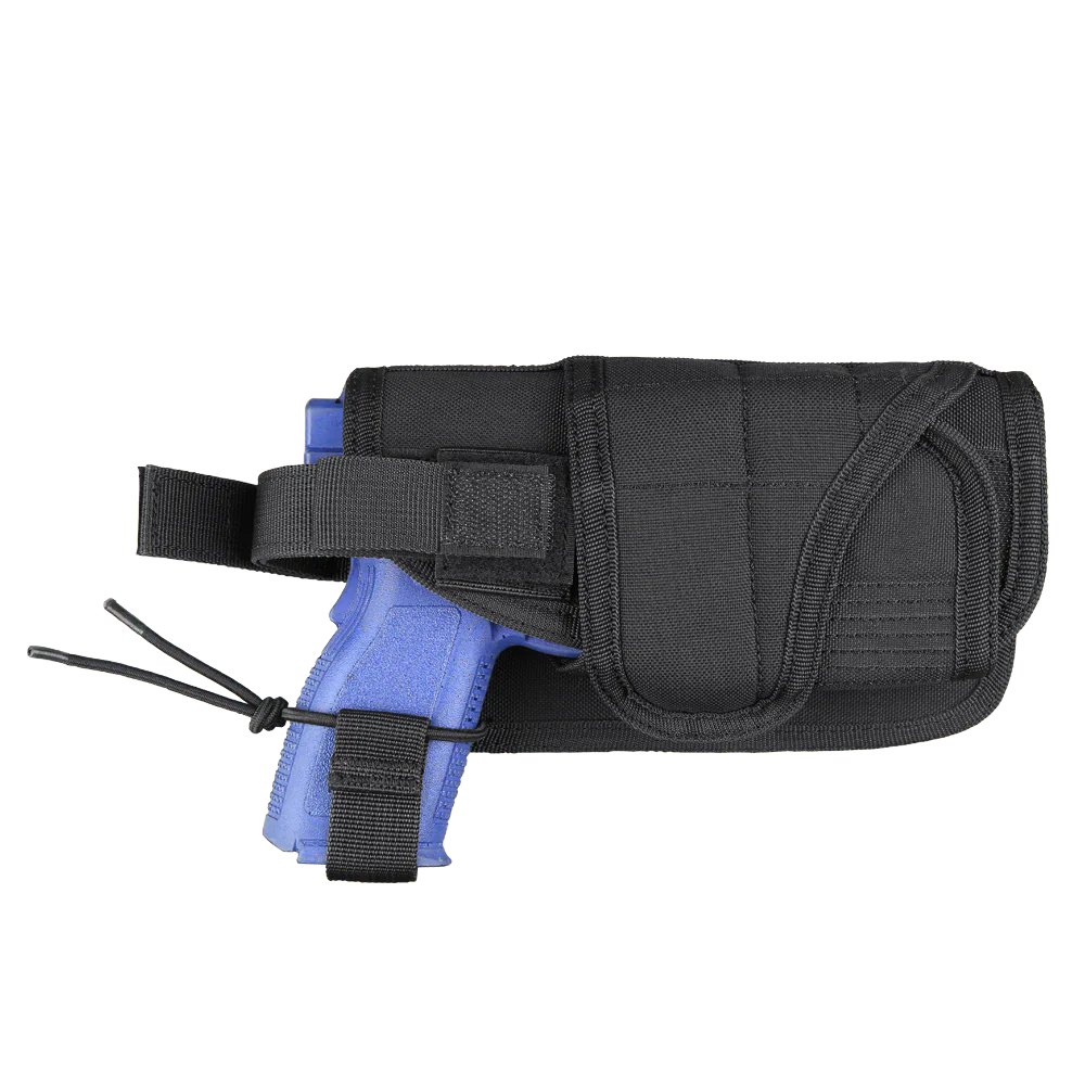 The Caliber Armor HT Holster securely holds a blue training handgun in a black fabric holster with a flap cover, adjustable straps, and MOLLE compatibility for versatile carrying options.