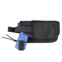 Thumbnail for The Caliber Armor HT Holster securely holds a blue training handgun in a black fabric holster with a flap cover, adjustable straps, and MOLLE compatibility for versatile carrying options.