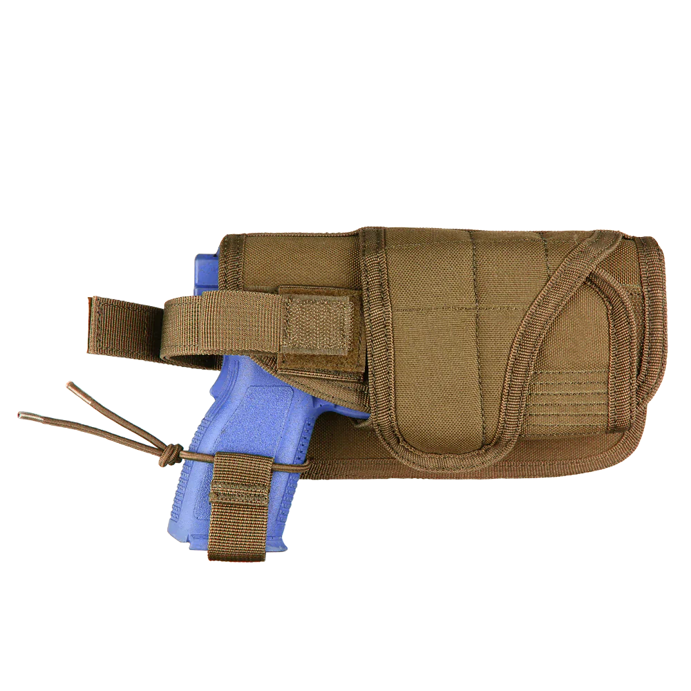 A blue training pistol with a laser flashlight mount is secured in the Caliber Armor HT Holster, a brown tactical fabric holster with a flap and strap closure, shown from the side against a plain background.