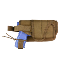 Thumbnail for A blue training pistol with a laser flashlight mount is secured in the Caliber Armor HT Holster, a brown tactical fabric holster with a flap and strap closure, shown from the side against a plain background.