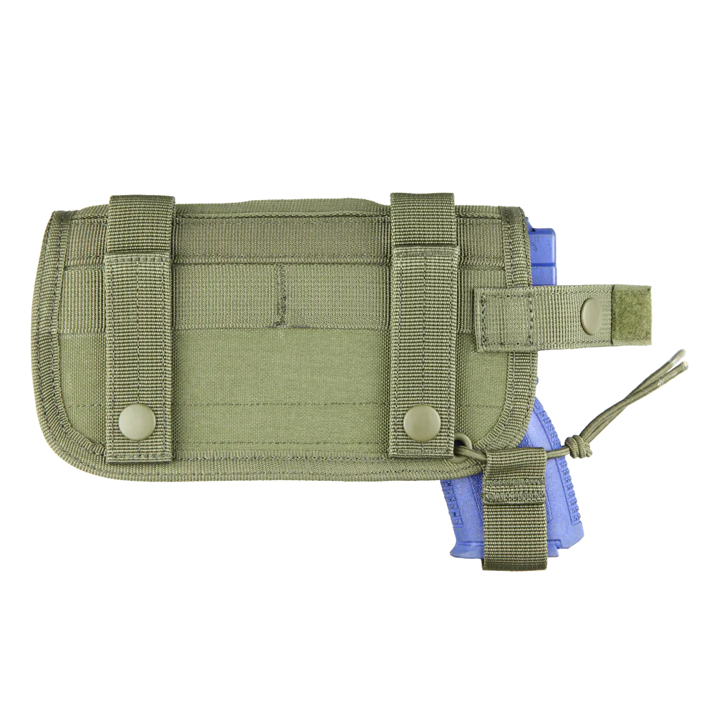 The Caliber Armor HT Holster, a green MOLLE holster with straps and snap buttons, securely holds a blue training pistol and is shown on a plain white background.