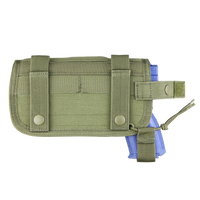 Thumbnail for The Caliber Armor HT Holster, a green MOLLE holster with straps and snap buttons, securely holds a blue training pistol and is shown on a plain white background.