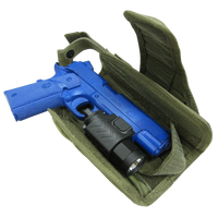 Thumbnail for A blue training pistol with a laser flashlight mount sits inside an open green Caliber Armor HT Holster.
