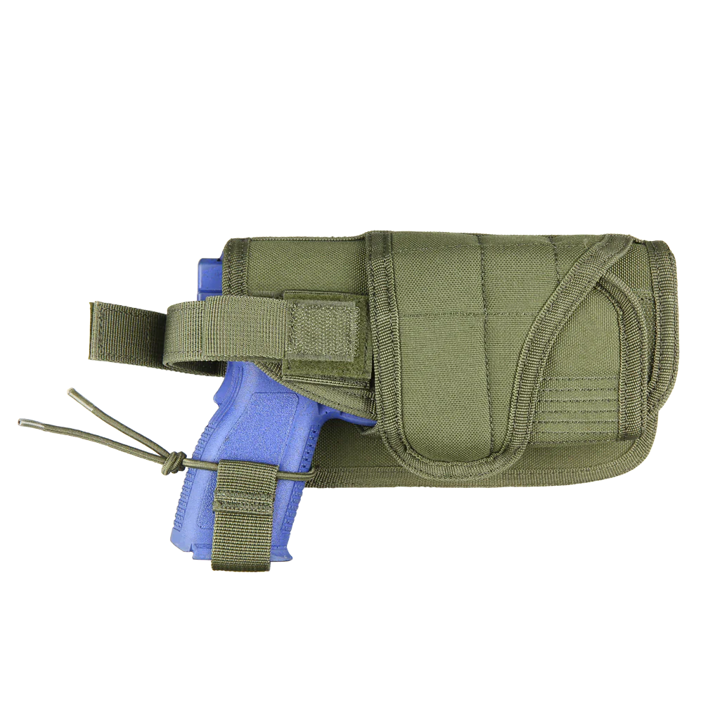 A blue training pistol is secured in a Caliber Armor HT Holster—green, with MOLLE attachment and flap-and-strap closure—shown against a white background.
