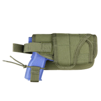 Thumbnail for A blue training pistol is secured in a Caliber Armor HT Holster—green, with MOLLE attachment and flap-and-strap closure—shown against a white background.