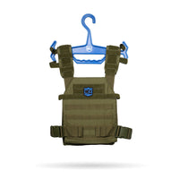 Thumbnail for An olive green tactical vest with adjustable straps is shown on a Caliber Armor Tough Hook, a blue heavy-duty hanger, against a white background.