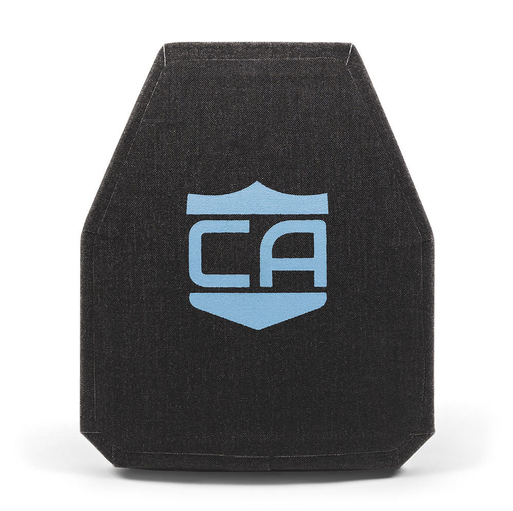 The Caliber Armor Level IV Multi-Curve Armor plate is black ceramic with angled corners, featuring a light blue shield emblem and the letters “CA” on the front.
