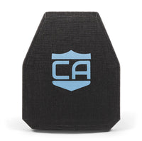 Thumbnail for The Caliber Armor Level IV Multi-Curve Armor plate is black ceramic with angled corners, featuring a light blue shield emblem and the letters “CA” on the front.