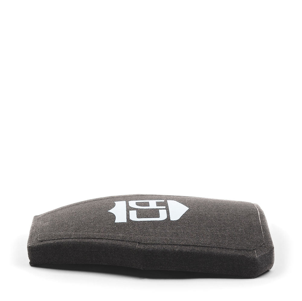 A rectangular dark gray fabric pouch with a white Caliber Armor logo and arrow on top, shown on white background—designed to securely carry Level IV Multi-Curve Armor body armor plates.