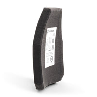 Thumbnail for A black, rectangular Caliber Armor Level IV Multi-Curve ceramic body armor plate with a fabric cover and white label stands upright at an angle against a plain background.