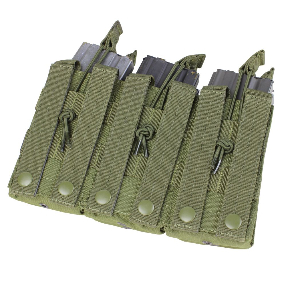 The Caliber Armor Triple Stacker M4 Mag Pouch in olive green holds three AR/M4 magazines with securing straps and snap buttons. Its MOLLE-compatible design allows easy attachment to your gear.