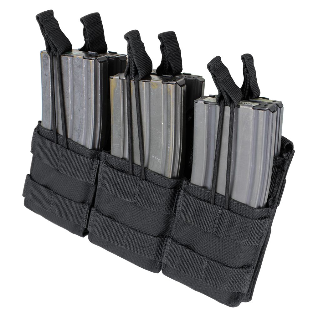 The Caliber Armor Triple Stacker M4 Mag Pouch is a black MOLLE-compatible pouch that securely holds six metal AR/M4 mags with adjustable elastic straps.