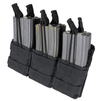 Thumbnail for The Caliber Armor Triple Stacker M4 Mag Pouch is a black MOLLE-compatible pouch that securely holds six metal AR/M4 mags with adjustable elastic straps.