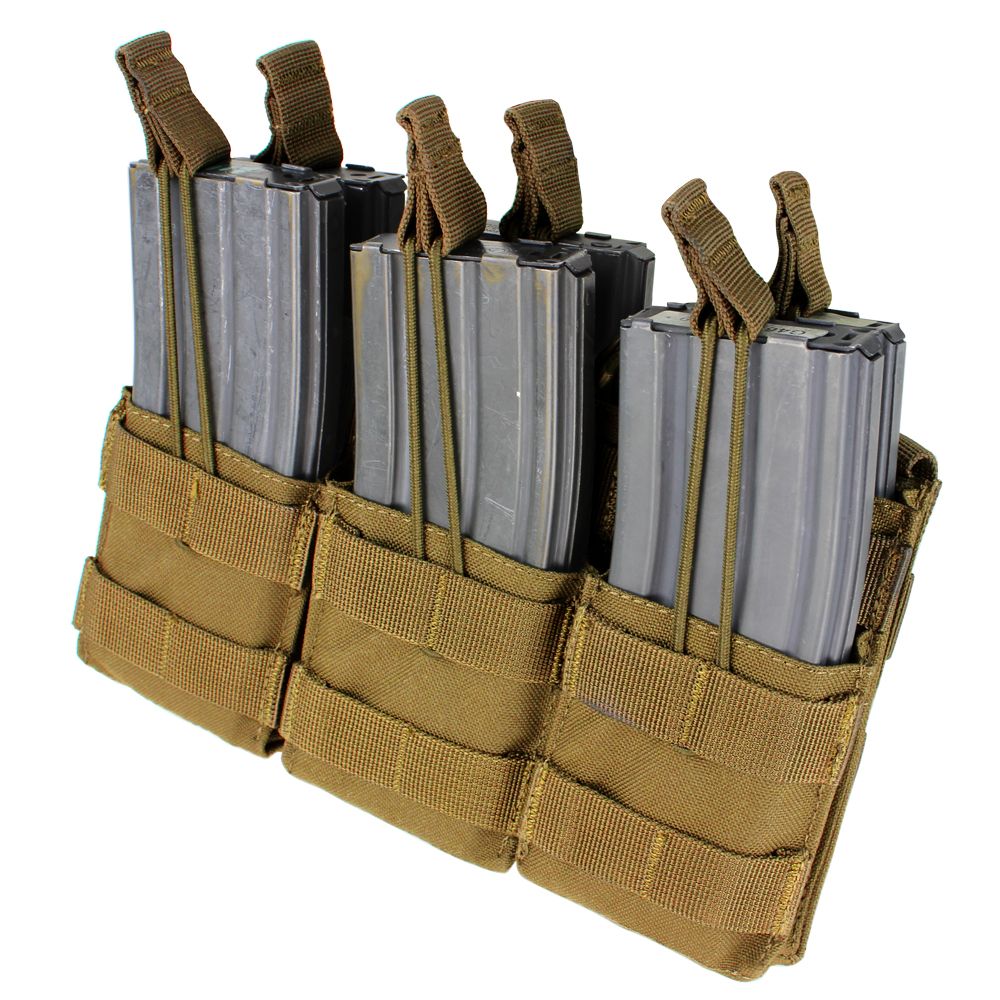 Caliber Armor Triple Stacker M4 Mag Pouch in tan holds three AR/M4 mags, each secured with elastic retention straps. MOLLE compatible for versatile setups.
