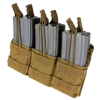 Thumbnail for Caliber Armor Triple Stacker M4 Mag Pouch in tan holds three AR/M4 mags, each secured with elastic retention straps. MOLLE compatible for versatile setups.