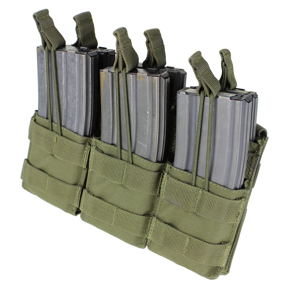 Caliber Armor Triple Stacker M4 Mag Pouch holds three AR/M4 mags in olive green, MOLLE compatible pouches with securing straps.