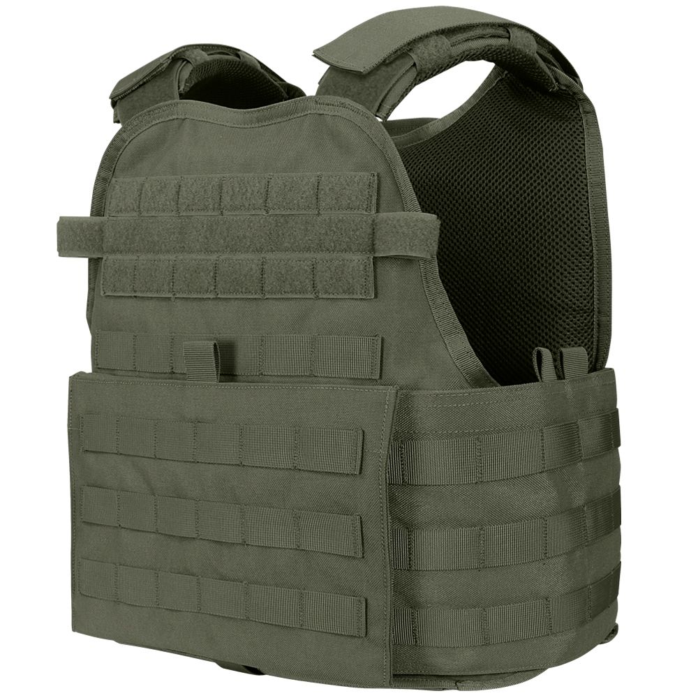 The Caliber Armor Modular Operator Plate Carrier (MOPC) Gen II in olive green features adjustable shoulder straps, a padded mesh interior, and multiple vertical and horizontal MOLLE webbing attachments for armor plates.