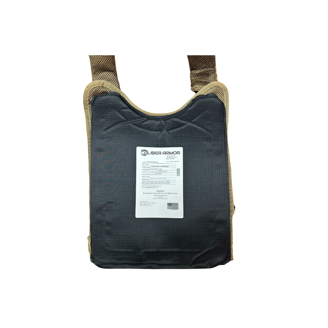 The Caliber Armor CaliberX IIIA/HG2 MOPC Package is a black and tan body armor plate for MOPC carriers, featuring a white manufacturer label on the front, shown against a plain white background.