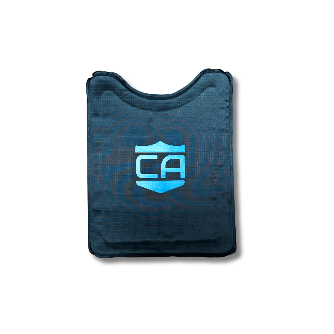 A dark blue rectangular CaliberX IIIA/HG2 Panel for MOPC Carrier by Caliber Armor features a light blue "CA" logo with shield design on the front, inspired by CaliberX Body Armor, shown on a white background.