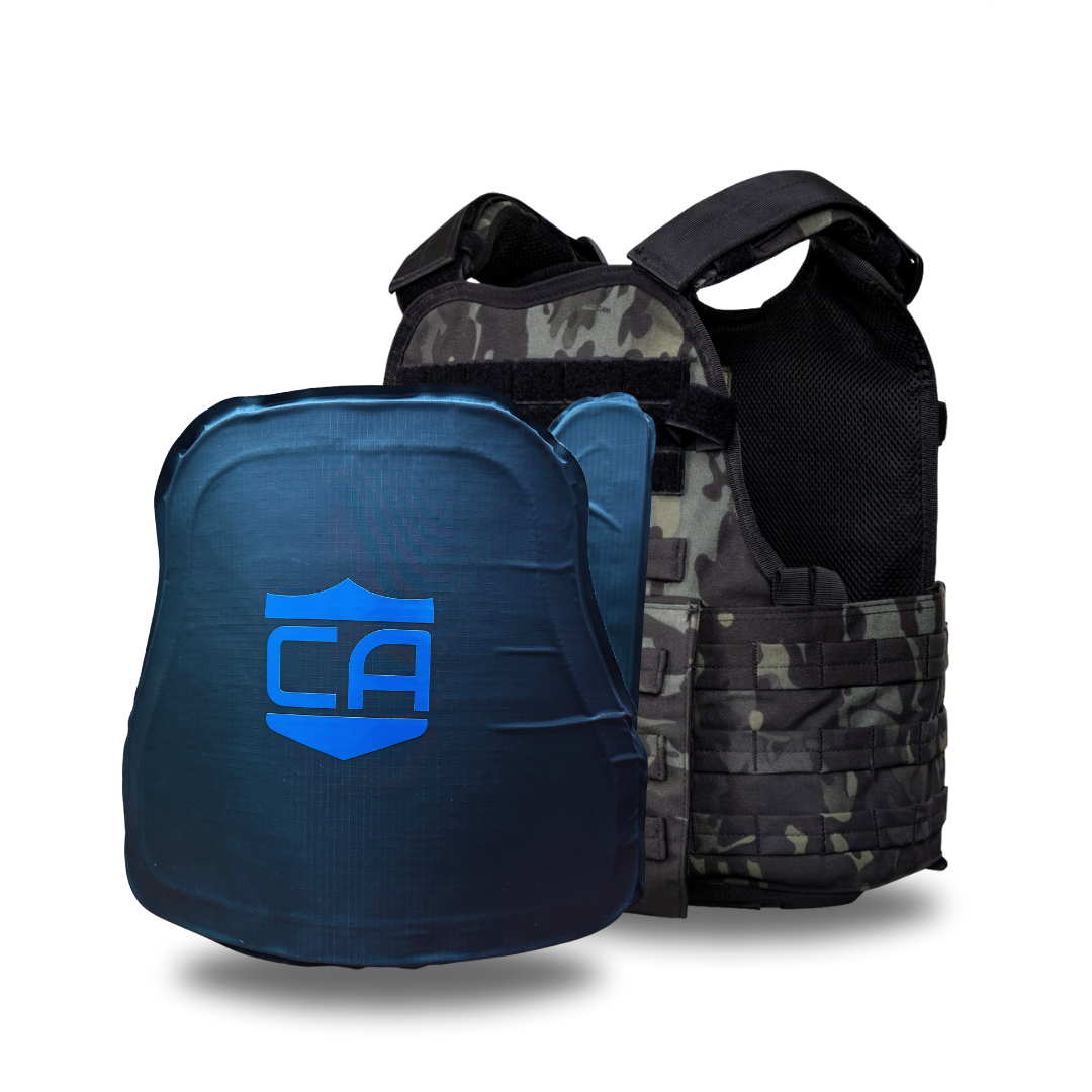 The Caliber Armor CaliberX IIIA/HG2 MOPC Package features a camouflage tactical vest plate carrier displayed behind a blue armored plate with a stylized "CA" logo on a white background.