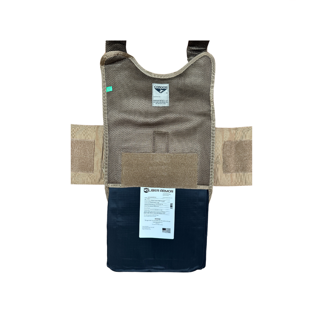 The Caliber Armor CaliberX IIIA/HG2 Panels for MOPC Carrier, featuring tan and black colors, mesh padding, Velcro straps, and attached label, is displayed on a white background.