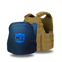 Thumbnail for A Caliber Armor CaliberX IIIA/HG2 MOPC Package tan plate carrier vest is shown behind a blue shield logo 