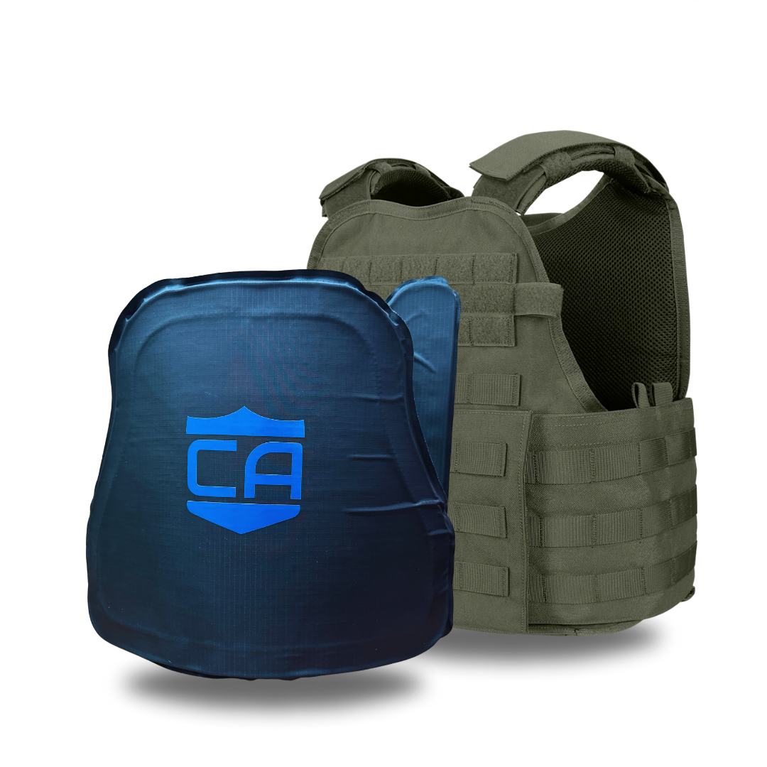 The Caliber Armor CaliberX IIIA/HG2 MOPC Package displays a green MOLLE MOPC plate carrier behind a blue ballistic plate with a shield-shaped "CA" logo, designed for use with soft armor panels for enhanced protection.
