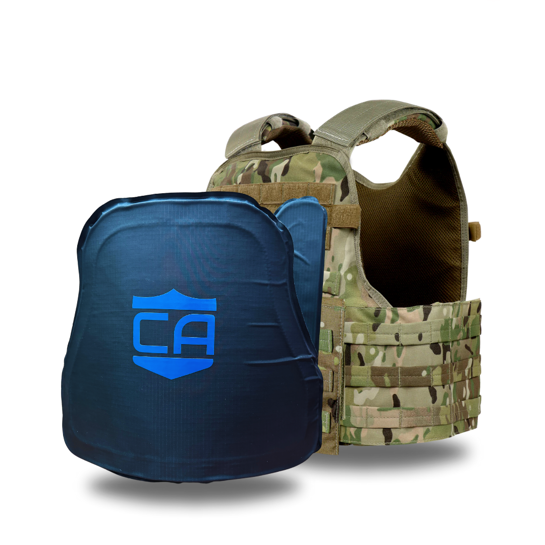The Caliber Armor CaliberX IIIA/HG2 MOPC Package includes a camouflage tactical vest plate carrier with a blue ballistic plate displaying a shield and "CA" logo, shown on a white background.