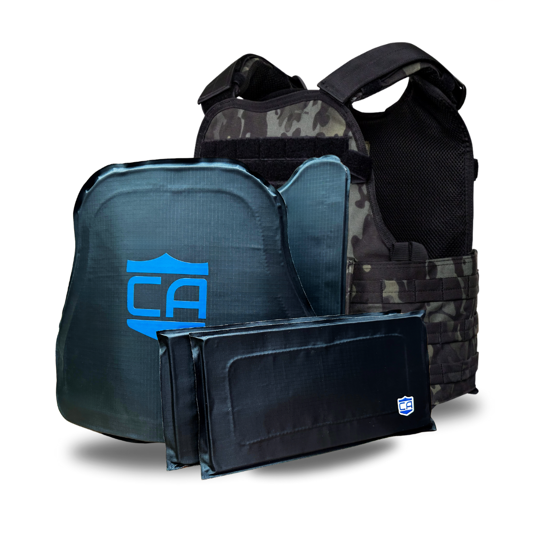 The Caliber Armor CaliberX IIIA/HG2 MOPC Package, a black camouflage tactical vest, is shown with multiple protective body armor plates and soft armor panels arranged in front.