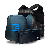Thumbnail for The Caliber Armor CaliberX IIIA/HG2 MOPC Package, a black camouflage tactical vest, is shown with multiple protective body armor plates and soft armor panels arranged in front.