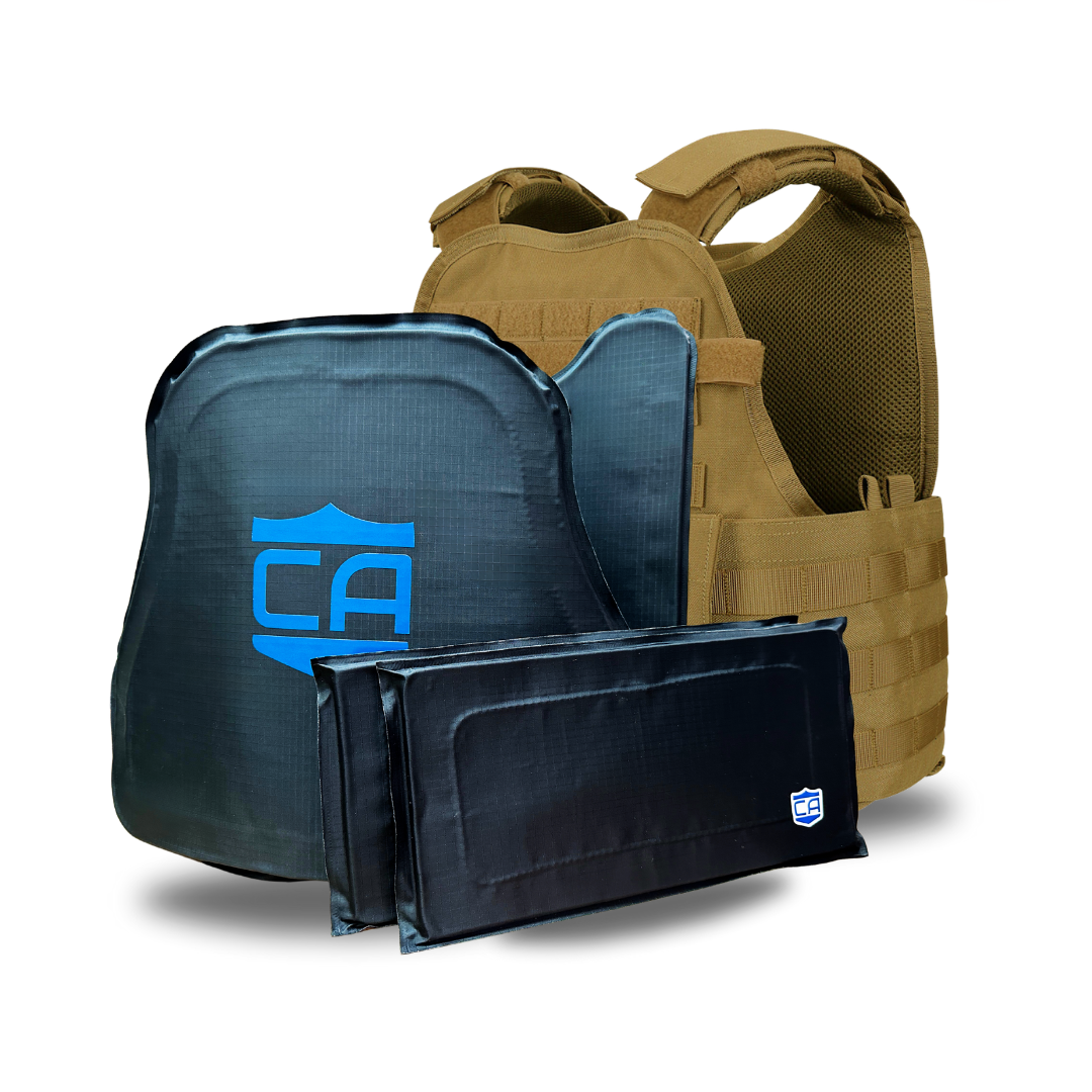 The Caliber Armor CaliberX IIIA/HG2 MOPC Package is shown with a tan plate carrier behind two black ballistic plates and two small rectangular soft armor panels, all set against a white background.