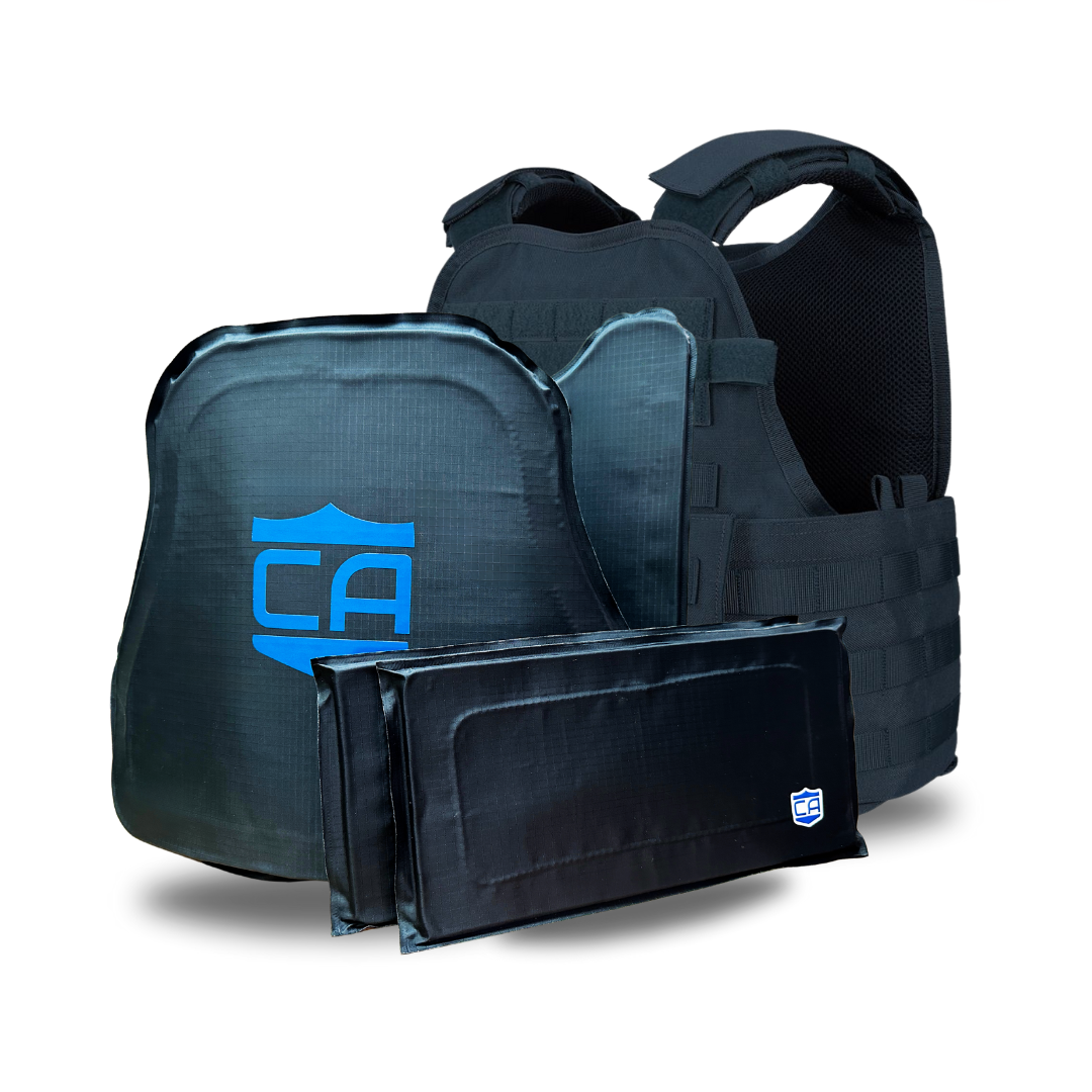 The Caliber Armor CaliberX IIIA/HG2 MOPC Package, featuring removable soft armor panels and protective plates, is shown in black against a white background.