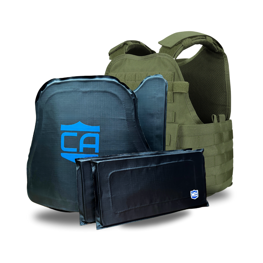 The Caliber Armor CaliberX IIIA/HG2 MOPC Package is displayed, featuring a green MOPC plate carrier with multiple black ballistic armor plates and soft panels in front of it, all set against a white background.