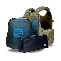 Thumbnail for The CaliberX IIIA/HG2 MOPC Package by Caliber Armor features a camouflage MOPC plate carrier, two black body armor plates, and two rectangular soft armor panels, all displayed against a white background.