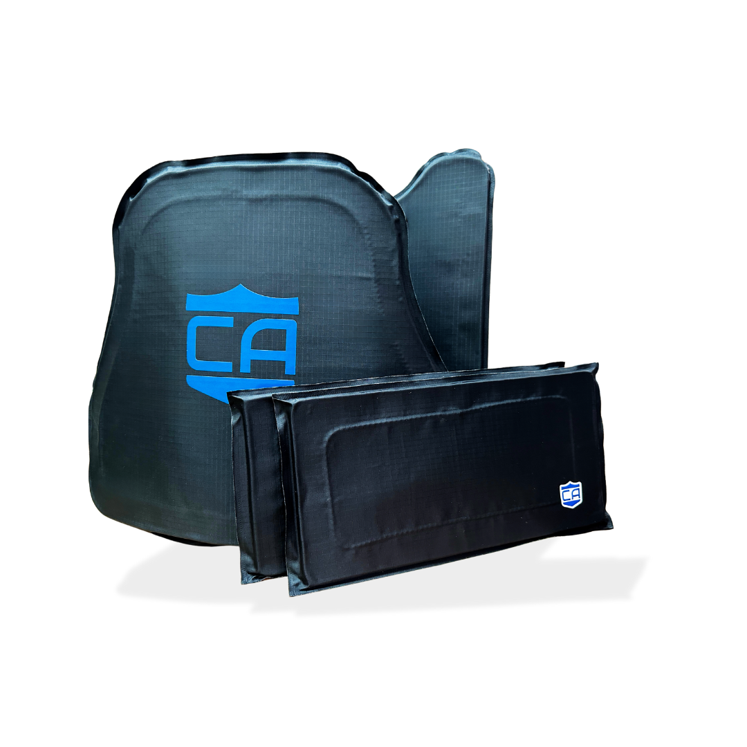 Caliber Armor CaliberX IIIA/HG2 Panels with blue shield logos, shown on a white background; designed for MOPC carriers and compatible with most standard plate carrier systems.