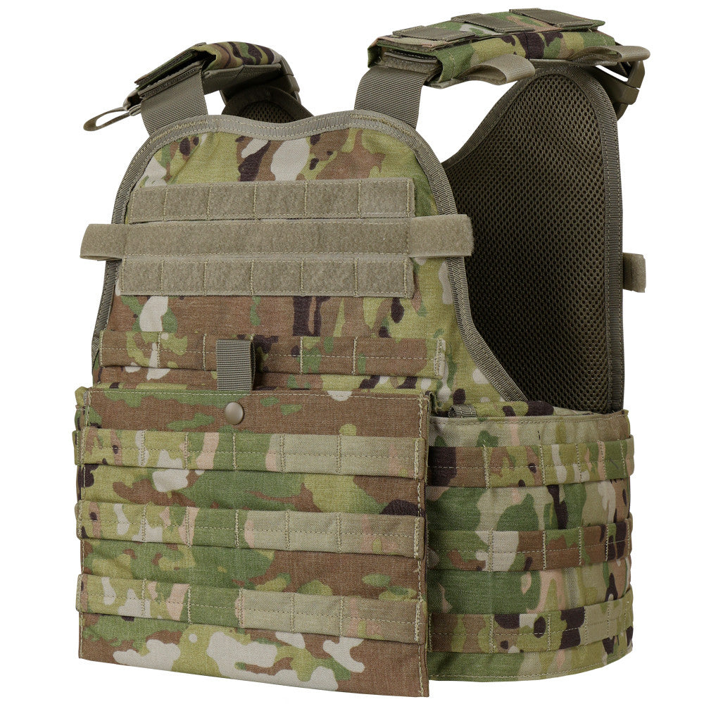 The Caliber Armor Modular Operator Plate Carrier (MOPC) Gen II is a camouflage-patterned vest with adjustable shoulder straps, MOLLE webbing, and multiple attachment points for armor plates, displayed on a plain white background.
