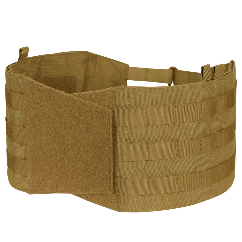 A tan tactical utility belt with MOLLE webbing and large Velcro closure, ideal for attaching gear or complementing your Caliber Armor Modular Operator Plate Carrier (MOPC) Gen II.